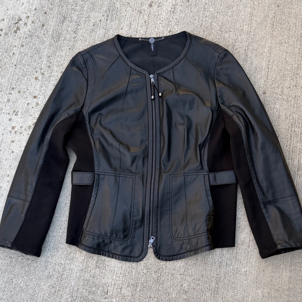 Marc Cain lamb nappa black Leather Jacket 2 way zipper luxury fitted womens 6
